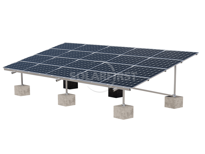 Pre-assembled aluminum-concrete solar mounting system installed on ground, showing adjustable height base plate and corrosion-resistant 6005 aluminum rails.